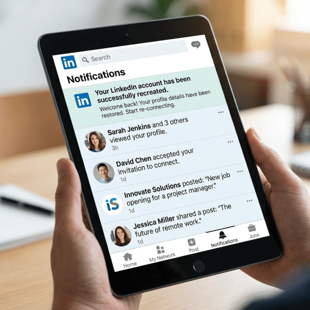 Tablet screen showing LinkedIn notifications including account recreated, profile views, connection acceptances, job posting, and shared post.